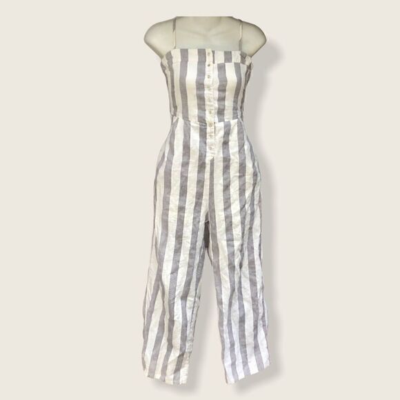 OLIVACEOUS STRIPED OPEN BACK LINEN JUMPSUIT SMALL - Picture 3 of 8